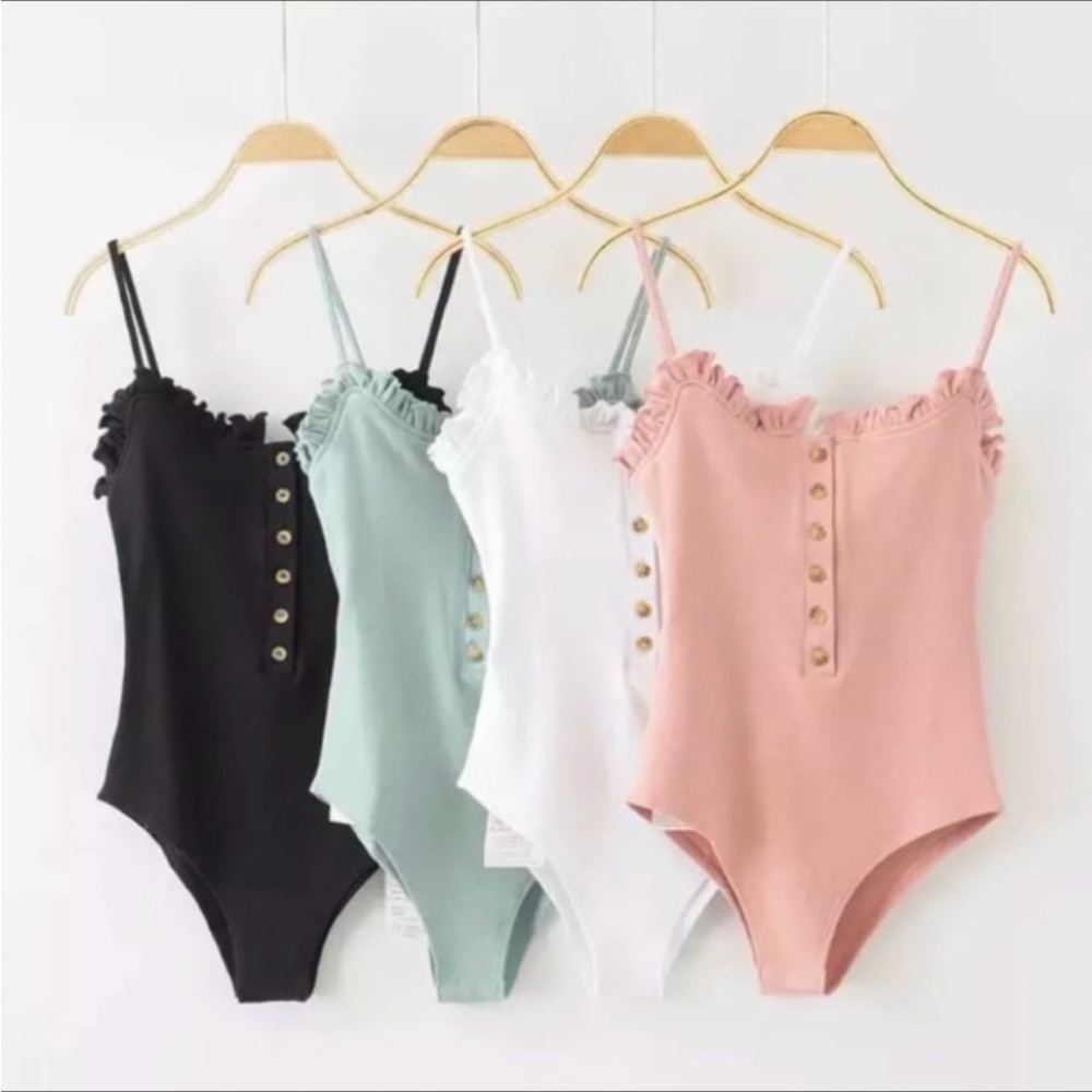 COTTON RIBBED BODYSUIT FEMININE RUFFLED TOP SURROUND QUALITY ALL RIBBED COTTON - Picture 2 of 10